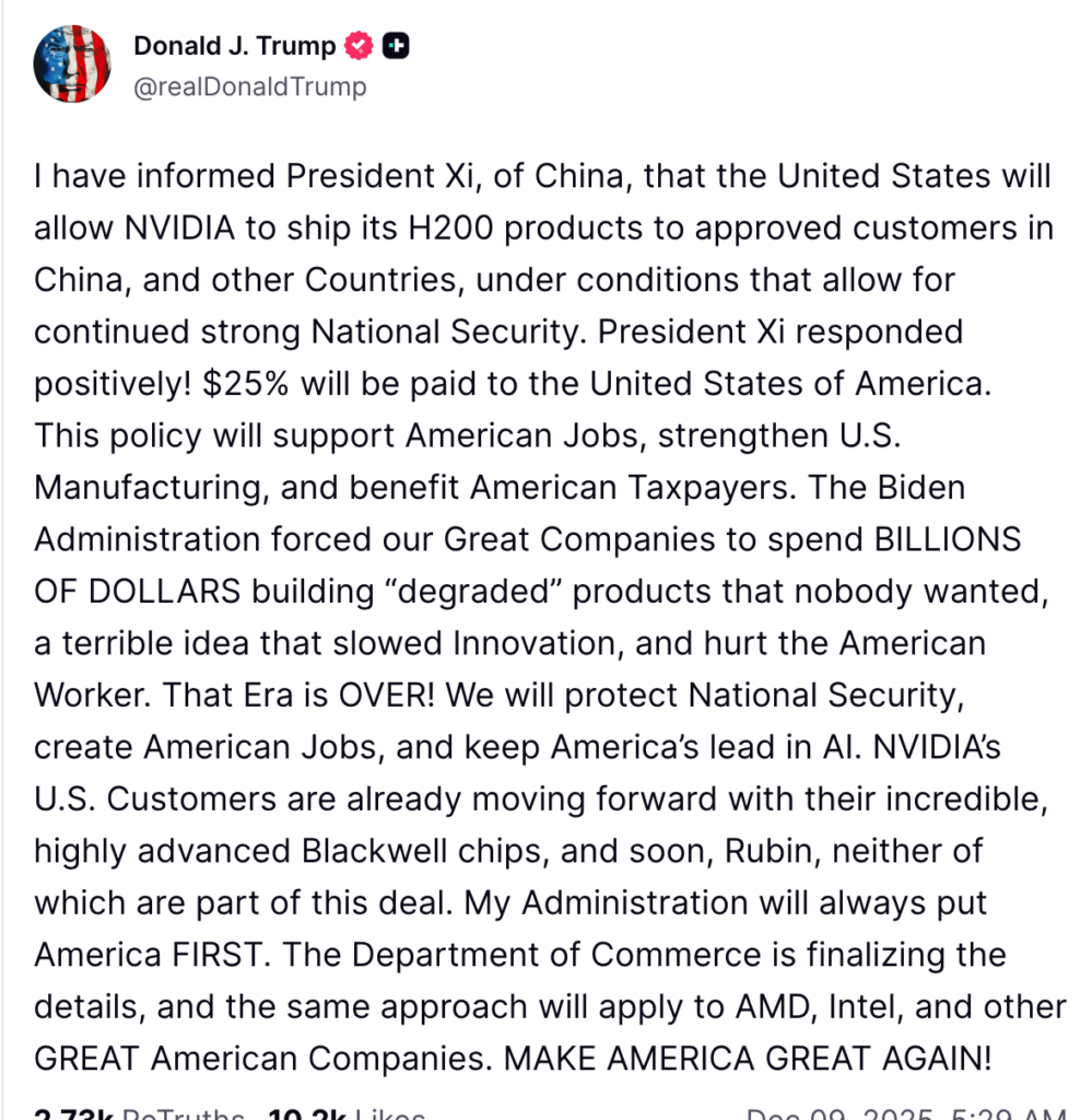 Trump abre Huida H200 para exportar para a China! Mas deve pagar uma comissão de 25%, a guerra de chips EUA-China entra em um novo modelo de desbloqueio pago